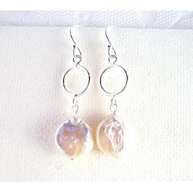 Sterling Silver Circle and White Coin Pearl Drop Earrings