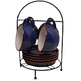 Ceramic Blue Terracotta Coffee Cup & Saucer Set with Rack