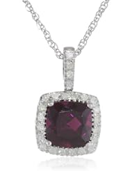 Sterling Silver Cushion Rhodolite Garnet Diamond Pendant Necklace (0.14 cttw, I-J Color, I2-I3 Clarity), 18"
