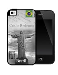 Wireless: Cristo Redentor Statue Brazil Postcard in Gray with Small Brazilian Flag in Corner 2-Piece Dual Layer High Impact Black Silicone Cell Phone Case Cover iPhone 4 4s - NUE DESIGNS