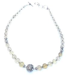Precious Gem Stone Necklace Citrin Bead Jewelry with Silver Amulet 18 inches (gnklc210b)