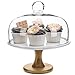 8 Inch Round Wood & White Ceramic Pedestal Dessert Cake Stand, Serving Platter with Clear Glass Dome Lid