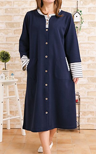 ケーズアイ　綿100％yやや厚めなニット地ボーダー切り替え　長袖 前開き ワンピース レディース　春・秋向き商品　ネグリジェ