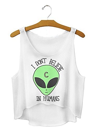 Women Fashion Emoticons Alien Print White Sleeveless Crop Top