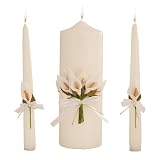 Celebration Candles Wedding Unity Candle Set, 9-inch Pillar Candle with Calla Lily Bouquet, 10-inch matching Taper Candles, White