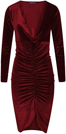 MY MODA Women's Velvet Velour V Neck Plunge Ruched Midi Bodycon Party Dress 14 Wine