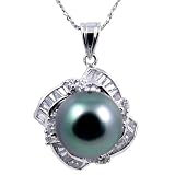 18K White Gold with CZ and 11-11.5 mm Tahitian Pearl Pendant & 16" 14K White Gold Chain