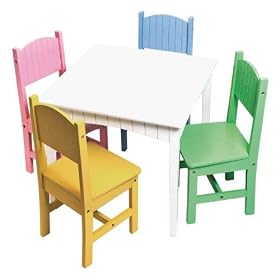 Lipper International 553 Child's 5-Piece Set, White Table with Bead Board Detail on Apron & 4 Chairs, Assorted Colors