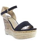 Delicious Coupe-S Open Toe Suede Ankle Strap Wedge BLACK