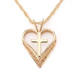 14K Gold Filled Heart and Cross Pendant w/ Rope Chain, 18
