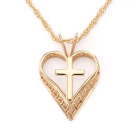 14K Gold Filled Heart and Cross Pendant w/ Rope Chain, 18"