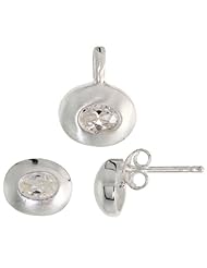 Sterling Silver Matte-finish Oval-shaped Earrings (7mm tall) & Pendant (13mm tall) Set, w/ Oval Cut CZ Stones