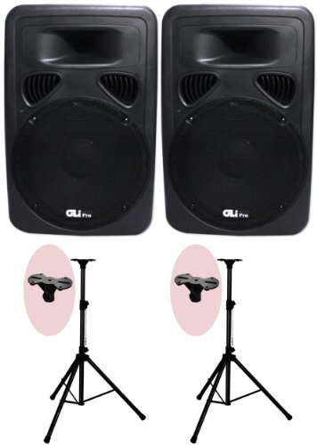 Package Brand New GLI X-JAM-15USBSDEQ 15 2-Way 3000 Watts Molded Powered Speakers w USB + SD Card Slots + Remote + Gemini ST-03 Speaker Stands + Mounting Brackets