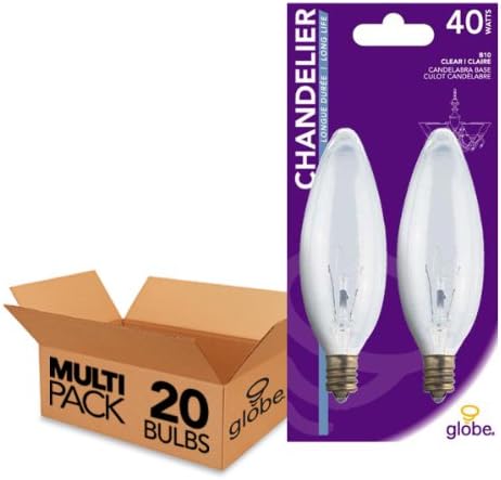 Globe Electric 13783 40-watt B10 Incandescent Candelabra Base Chandelier Light Bulb, Clear, 20-Pack