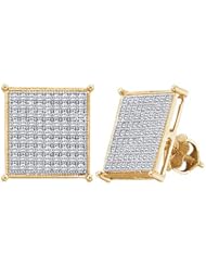 10k Yellow and White Two Tone Gold Square Princess Shape Pave Set Round Diamond Stud Earrings - 11mm Height * 11mm Width (1/2 cttw)