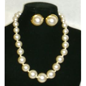 Graduated Simulated Ivory Pearl Separated By Small Gold Beads Short Chain Necklace and Earrings for...