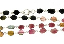Sterling Silver Chain Link Multi-Color Tourmaline Necklace each Bead appox. 4mmx5mm - 24 Inch in Length