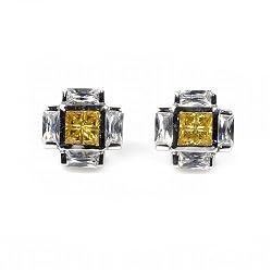 STERLING SILVER MEN'S EARRINGS Yellow Topaz and Clear CZ
