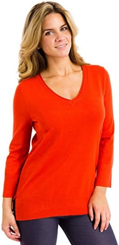 Spense Knits Women's 3/4 Sleeve V-Neck Pullover, Bonfire, Large