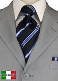 Woven Silk Mens Necktie + Pocket Square Hand Made in Italy By Valenti Ties and Hanky Set Black Blue Stripe