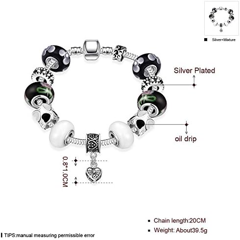 Vikis Fashion Women DIY Murano Beads Charm Bracelets with Heart Pendant,7.8inch/20cm