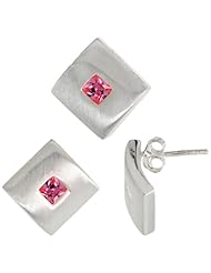 Sterling Silver Matte-finish Square-shaped Earrings (15mm tall) & Pendant Slide (15mm tall) Set, w/ Princess Cut Pink Tourmaline-colored CZ Stones