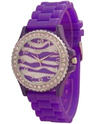 Purple Zebra Silicone Watch w/ CZ Crystal Rhinestones Ceramic Look