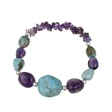 Sterling Silver Bead, Turquoise Nugget and Amethyst Chip and Nugget Graduated Stretch Bracelet, 7.5"