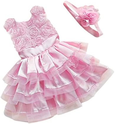 Rose Garden Pink Rosette Silk Dress Easter Flower Baby Girl Wedding New+headband