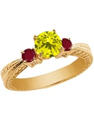 1.08 Ct Round Canary Diamond Red Ruby 14K Yellow Gold 3-Stone Ring
