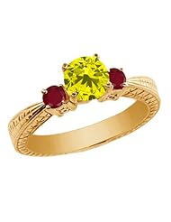1.08 Ct Round Canary Diamond Red Ruby 925 Yellow Gold Plated Silver 3-Stone Ring