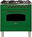 Ilve UPN76DMPVSYLP Nostalgie Series 30 Inch Dual Fuel Convection Freestanding Range, 5 Sealed Brass Burners, 3 cu.ft. Total Oven Capacity in Emerald Green, Bronze Trim (Liquid Propane)