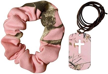 Realtree Pink Jewelry Set: Dog Tag Cross Pendant + Scrunchie, Made in USA