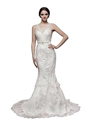 V-neck Spring Fall Mermaid Satin Sleeveless Beaded Crystal Lace   Dress with a Court Train  With a Ribbon  and Rhinestones and a Sash 