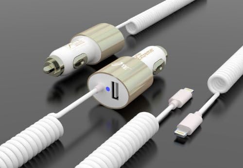 Turbo Extreme® High-Performance Rapid Charge 18W - 3.4A USB Car Charger with Built-in Lightning Adapter for Apple Devices / Features Long 8 Ft. Cord / Charge iPhone 5, iPhone 5S, iPhone 5C, iPod Touch (5th generation), iPod Nano (7th generation), iPad Mini, iPad (4th generation) and iPad Air / Use a USB Cable to Charge Most USB Powered Devices and Smartphones; Including Samsung Galaxy S4, S3, S2, Galaxy Exhibit 4G, Mega 6.3, Legend, LG G2, Galaxy Note 3, Note 2, Nokia Lumia 521 Kindle, HTC One, Nexus 5, 7, Droid, Motorola Razr Maxx, HD, Blackberry and more (Gold)