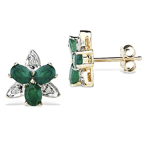 10k Yellow Gold 10mm Emerald and Diamond Floral Stud Earrings