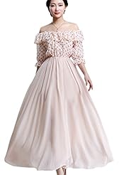 Polka Dot Print Lace Summer Floor Length Chiffon Off the Shoulder Party Dress/Maxi Dress 