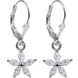 Silver Tone Clear Cubic Zirconia Flower Earrings