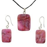 Pink Matrix Jasper Rectangle Shaped Pendant and Earrings Set - 17x22mm Pendant, 13x18mm Earrings - Adjustable Cord Necklace