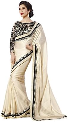 Rehsha Women Indian Designer Off White Saree Satin Georgette