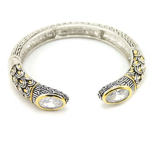 Sculpted Tw-tone Cuff Bracelet with Oval Shape Colorless Stone
