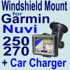 Vehicle Windshield   Suction CUP Mount   Car Mounting Kit for Garmin Nuvi 200   200W   250   250W   260   270 GPS + Car Charger