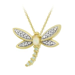 18k Gold Plated Sterling Silver Diamond Accent Created Opal Dragonfly Pendant