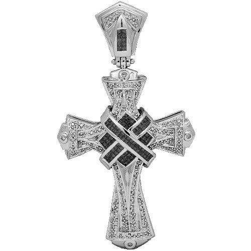 14K White Gold Mens Diamond Cross Pendant with Black Diamonds 4.02 Ctw