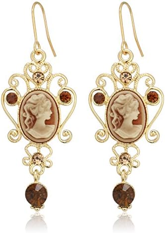 Elegant Cameo Design with Topaz-Colored Rhinestones Dangle Earrings