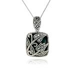 Sterling Silver Marcasite and Onyx Square Floral Pendant, 18