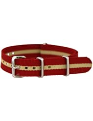 16mm Classic SS Nylon Striped Red / Khaki - Easily Interchangeable Replacement Military Watch Strap / Band - Fits All Watches!!!