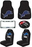 NFL Detroit Lions 6 PC Auto Accessories Combo Kit - Carpet Fan Floor Mats, Seat Covers, Steering Wheel Cover and Chrome License Plate Frame