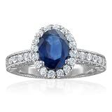 Vintage Inspired Natural Sapphire Diamond Engagement Ring in Platinum Halo Ring (G, SI1, 1.42 cttw), 7x5mm, Certificate of Authenticity