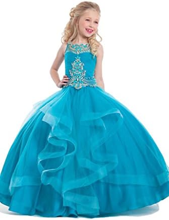Dexin Girls' Crystals Ball Gown Princess Pageant Dresses 6 US Turquoise